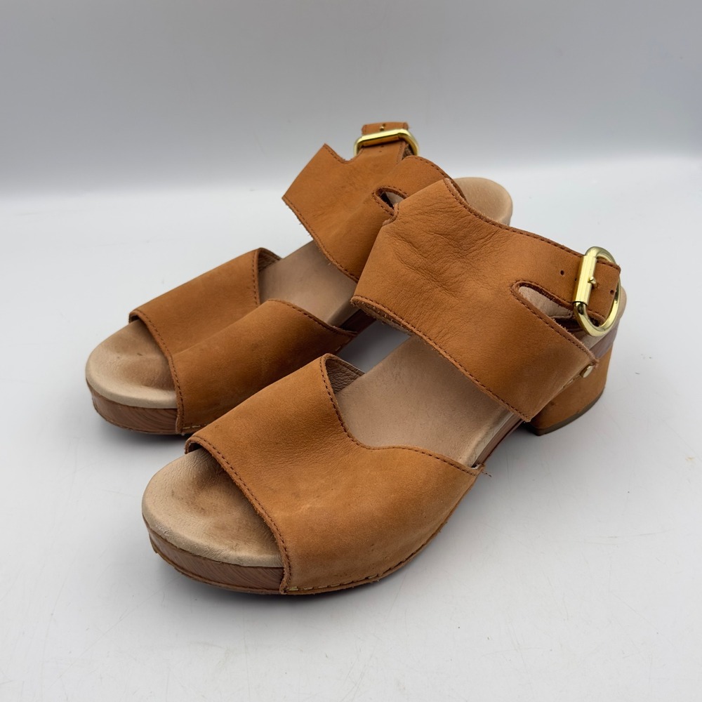 Dansko Minka Sandal Tan Leather Wood Platform Clog 38 7.5/8 Ankle Strap Boho - Picture 2 of 15